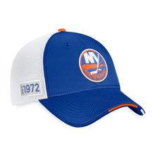 Load image into Gallery viewer, New York Islanders Fanatics Branded 2022 NHL Draft Authentic Pro On Stage Trucker Adjustable Hat - Royal/White
