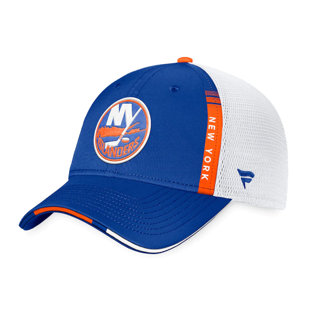 New York Islanders Fanatics Branded 2022 NHL Draft Authentic Pro On Stage Trucker Adjustable Hat - Royal/White