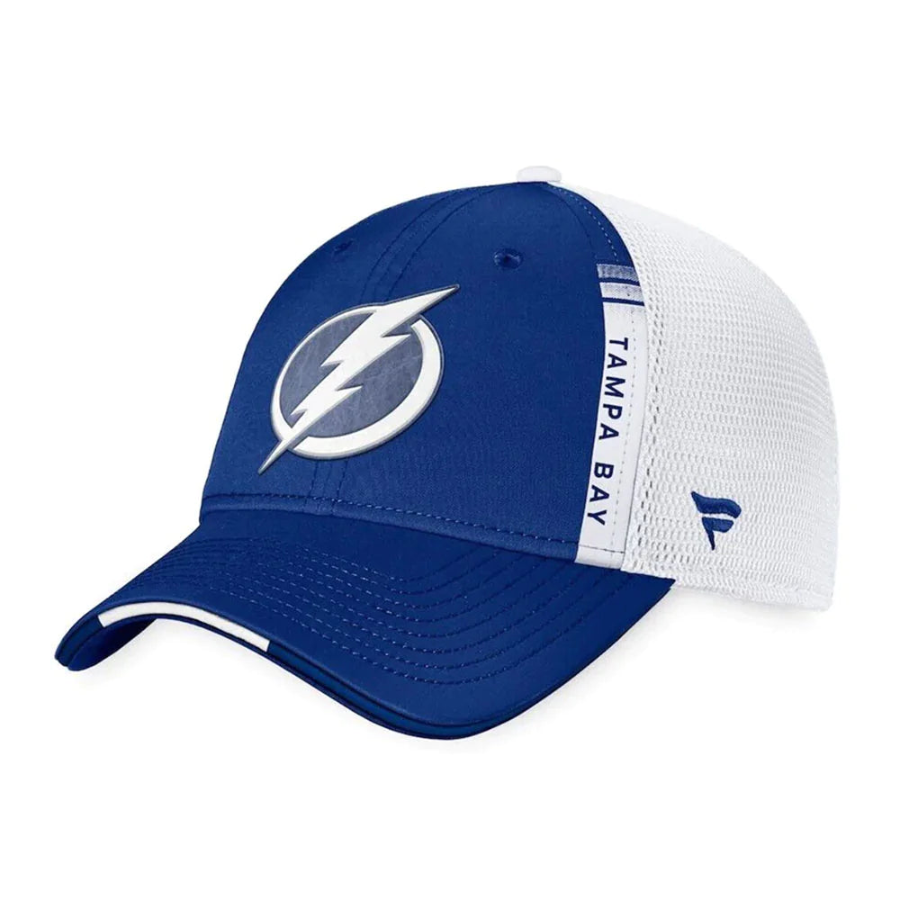 Tampa Bay Lightning Fanatics Branded 2022 NHL Draft Authentic Pro On Stage Trucker Adjustable Hat - Royal/White