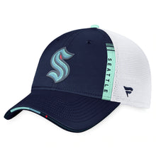 Load image into Gallery viewer, Seattle Kraken Fanatics Branded 2022 NHL Draft - Authentic Pro On Stage Trucker Adjustable Hat - Navy/White
