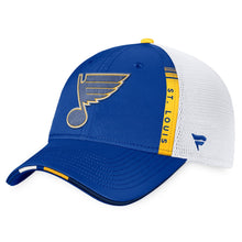 Load image into Gallery viewer, Men&#39;s Fanatics Branded Blue/White St. Louis Blues 2022 NHL Draft Authentic Pro On Stage Trucker Adjustable Hat
